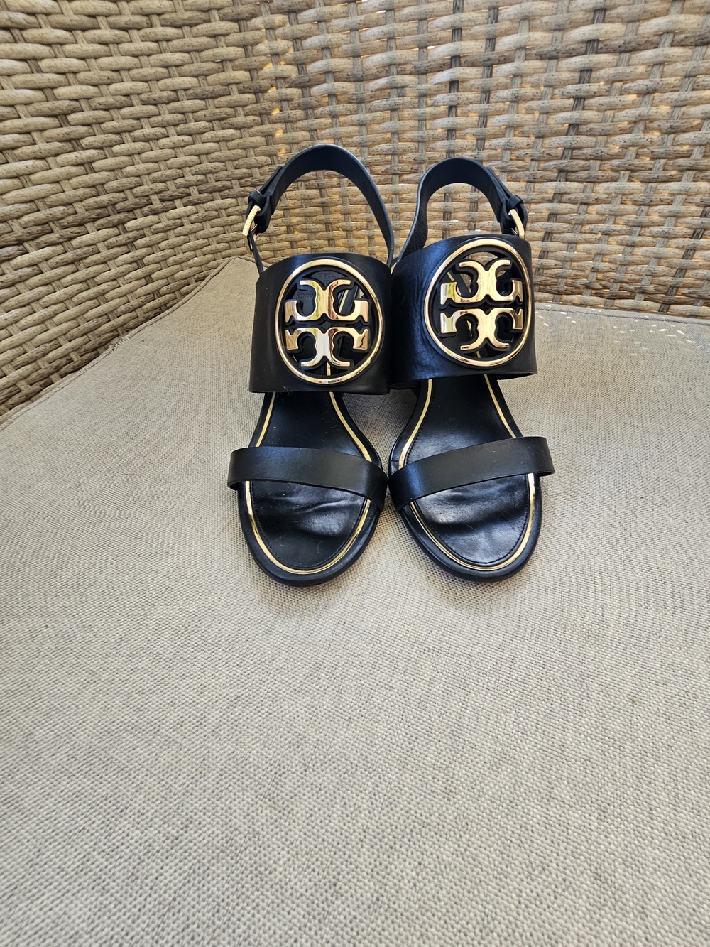Tory Burch Black Leather Logo Slingback Sandals